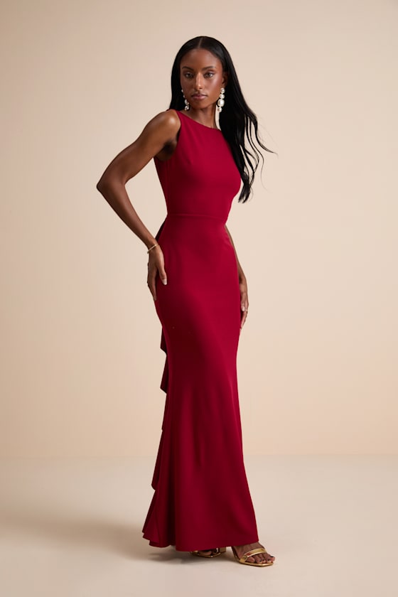 Exquisite Refinement Red Backless Bow Ruffled Maxi Dress