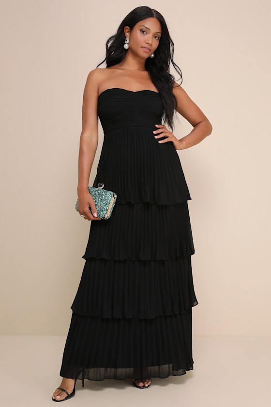Seriously Sensational Black Strapless Tiered Maxi Dress
