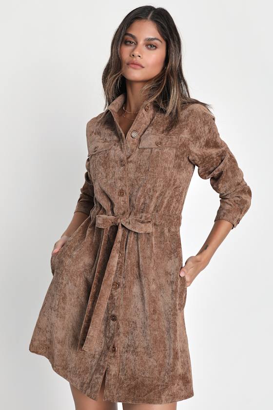 Simple Affection Brown Corduroy Mini Dress With Pockets