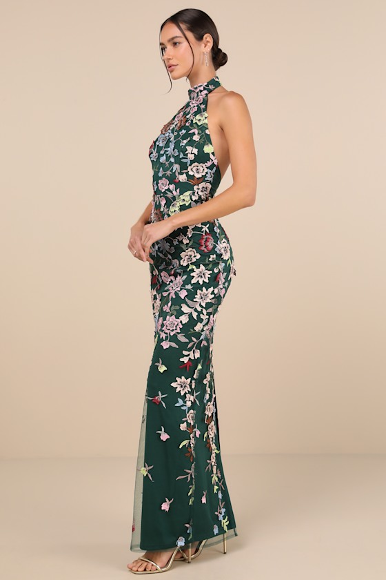 Infinite Praise Emerald 3D Floral Embroidered Halter Maxi Dress