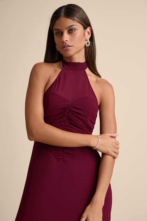 Cammie Burgundy Halter Neck Ruched Maxi Dress