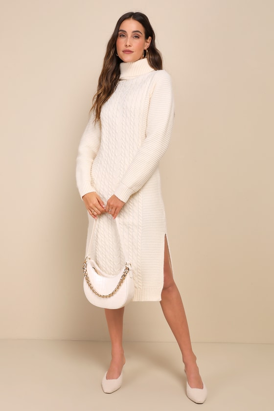 Snuggly Forecast Cream Cable Knit Turtleneck Sweater Midi Dress