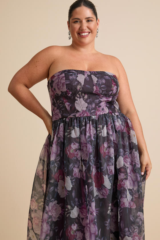Wonderful Waltz Purple Floral Print Strapless Bustier Maxi Dress