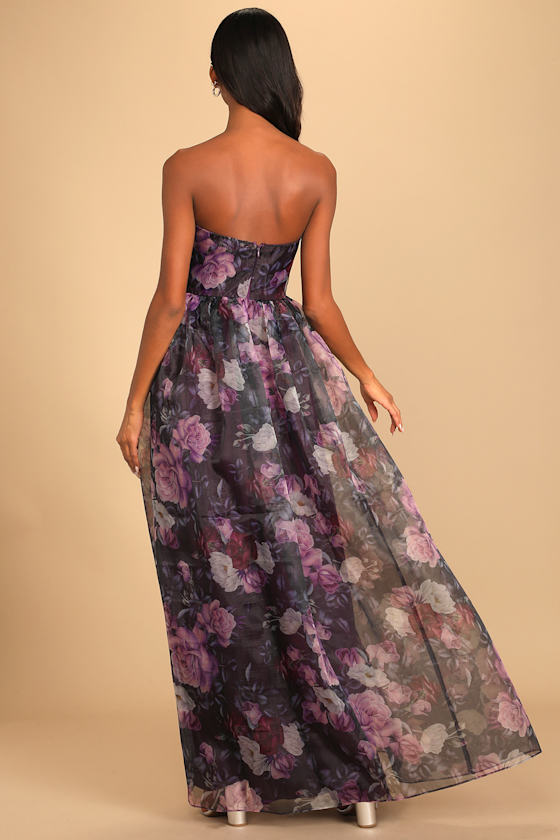 Wonderful Waltz Purple Floral Print Strapless Bustier Maxi Dress