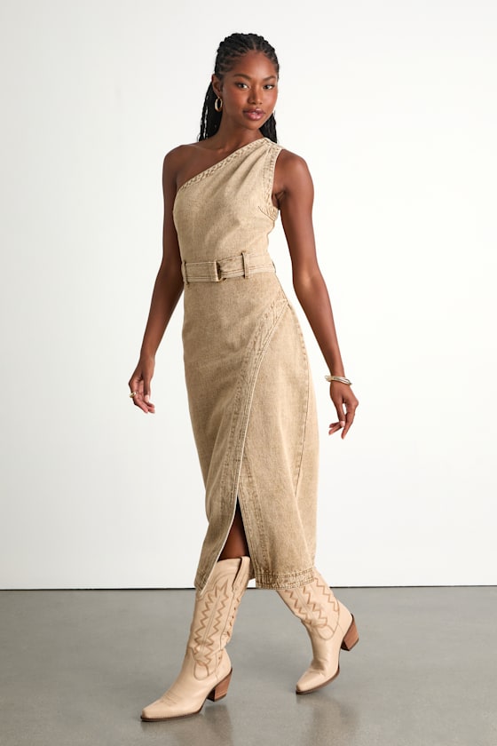 Avelina Washed Tan Denim One-Shoulder Belted Midi Dress