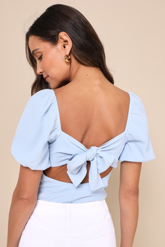 Abundance of Love Blue Textured Puff Sleeve Tie-Back Bodysuit