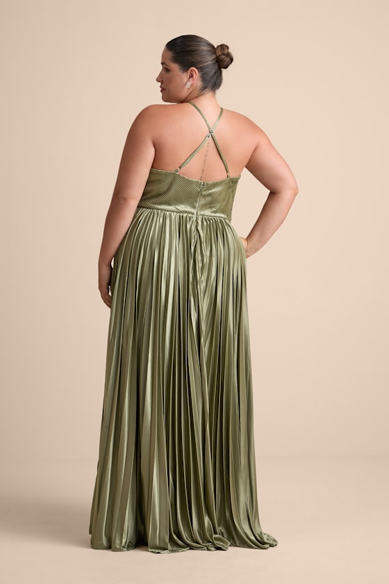 Elaborate Charm Olive Green Satin Pleated Backless Maxi Dress