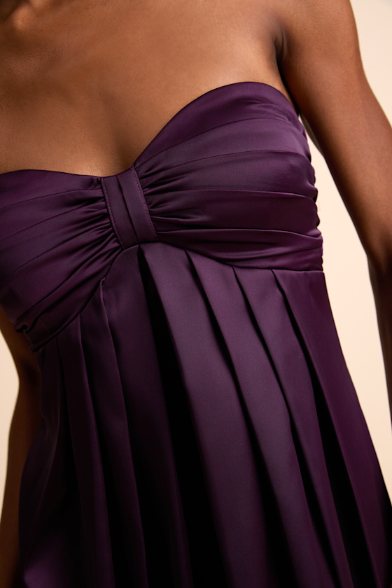 Memorable Entrance Dark Purple Strapless Satin Maxi Dress
