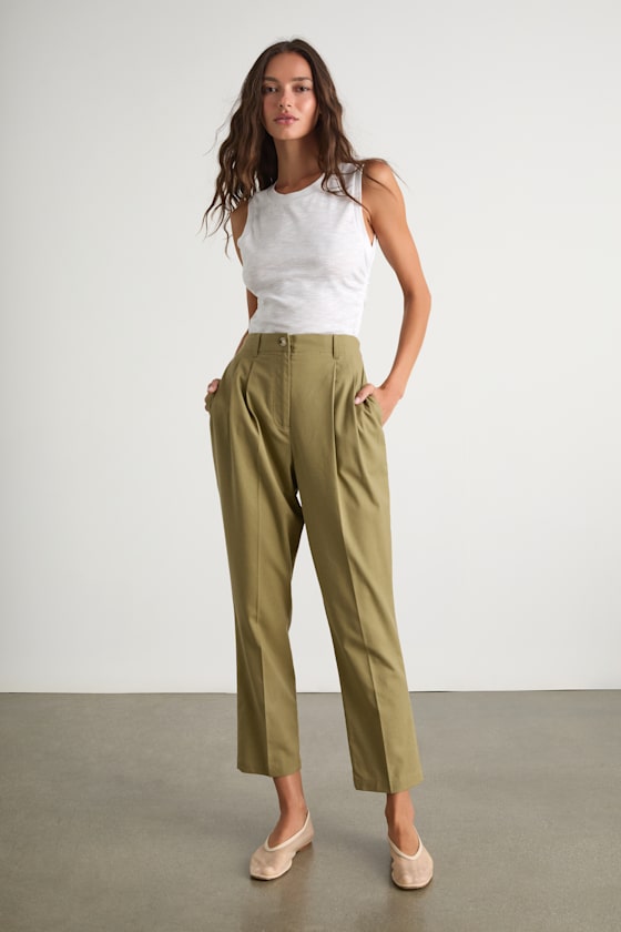 Sophisticated Company Olive Linen Straight Leg Trousers