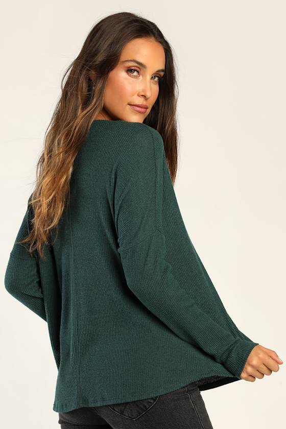 Just Vibing Hunter Green Ribbed V-Neck Sweater Top