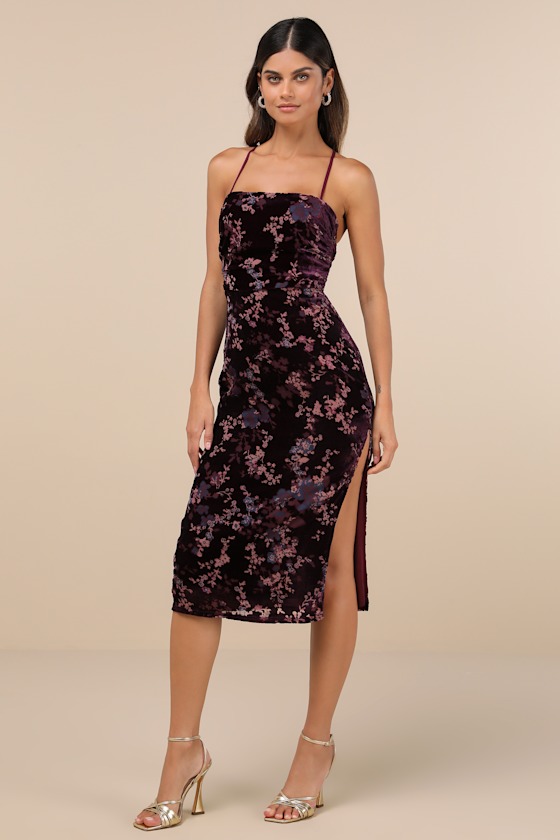 Elegant Persuasion Dark Plum Burnout Velvet Lace-Up Midi Dress