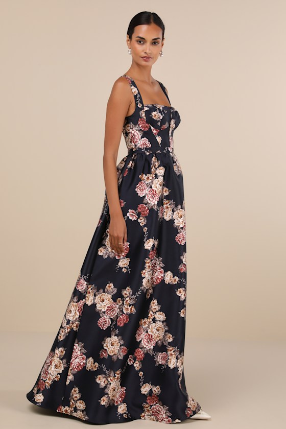 Elegant Pick Navy Blue Floral Sleeveless Bustier Maxi Dress