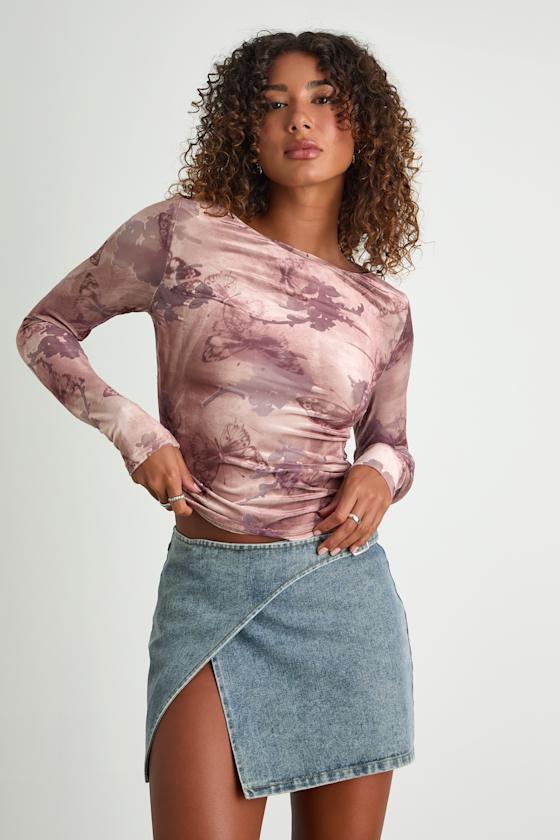 Farasha Mauve Burnout Butterfly Print Long Sleeve Top