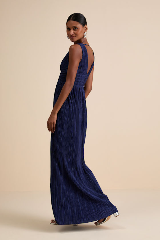 Melitta Navy Blue Plisse Sash Maxi Dress