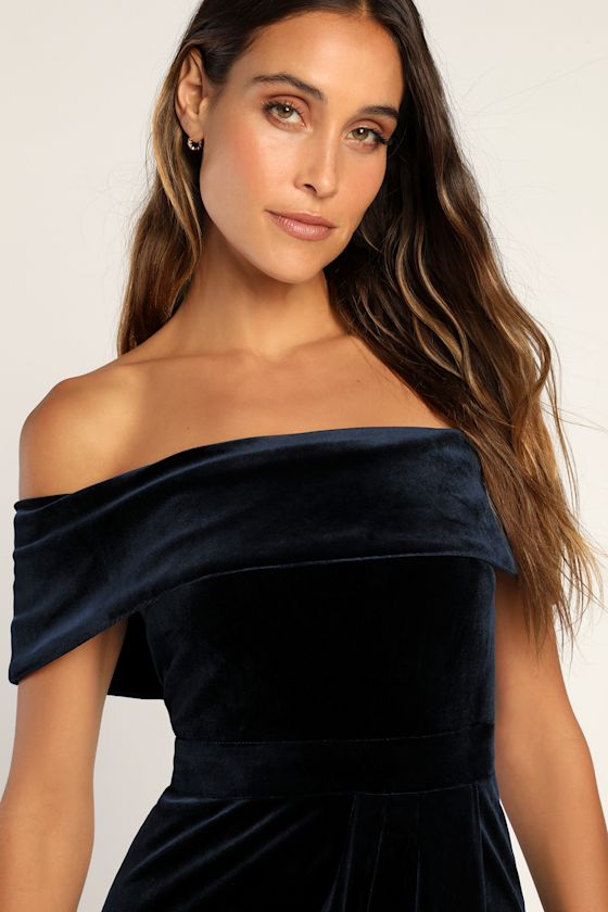 I'm Enchanted Navy Blue Velvet Off-the-Shoulder Maxi Dress