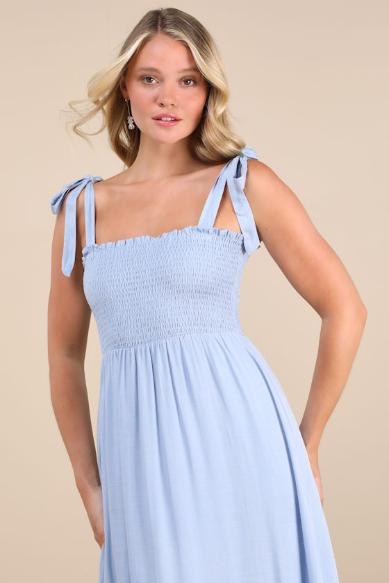 Looking Up Light Blue Smocked Tie-Strap Midi Dress
