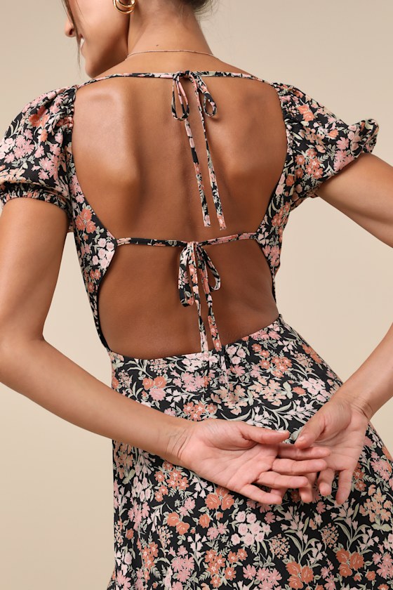 Meadow Muse Black Floral Tie-Back Puff Sleeve Midi Dress