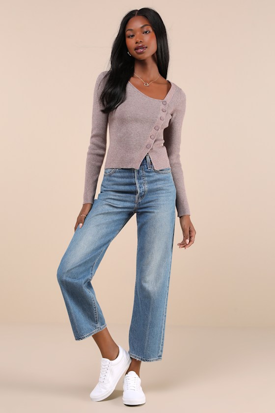 Modern Status Taupe Marled Asymmetrical Button-Front Sweater Top