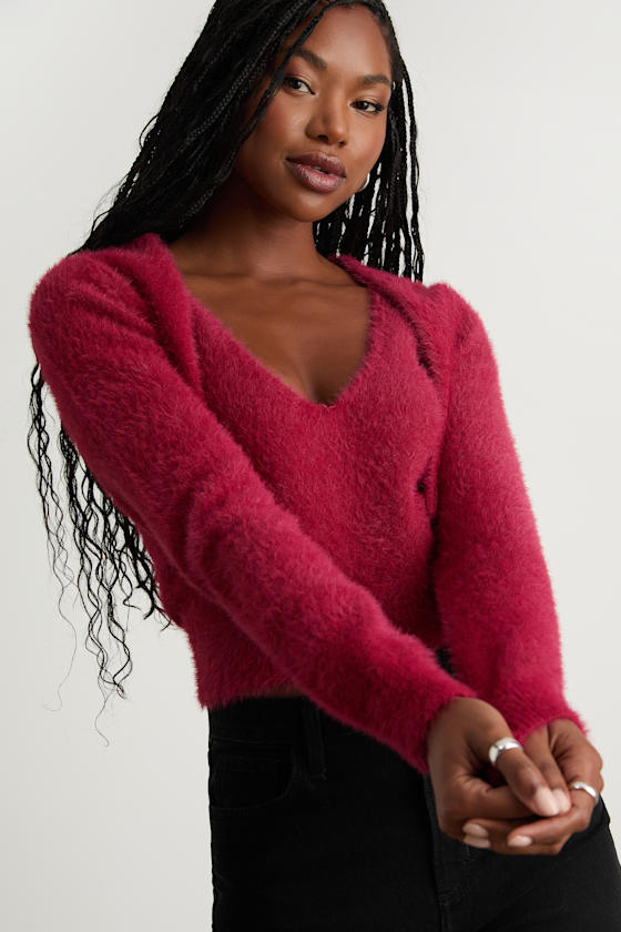 Mekea Berry Red Eyelash Knit Tank Top and Cropped Cardigan Set