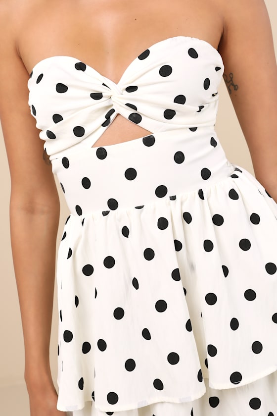 Modie White Polka Dot Twist-Front Lace-Up Midi Dress