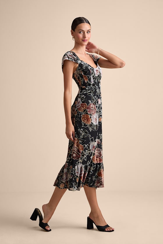 Composed Beauty Black Burnout Velvet Floral Midi Dress