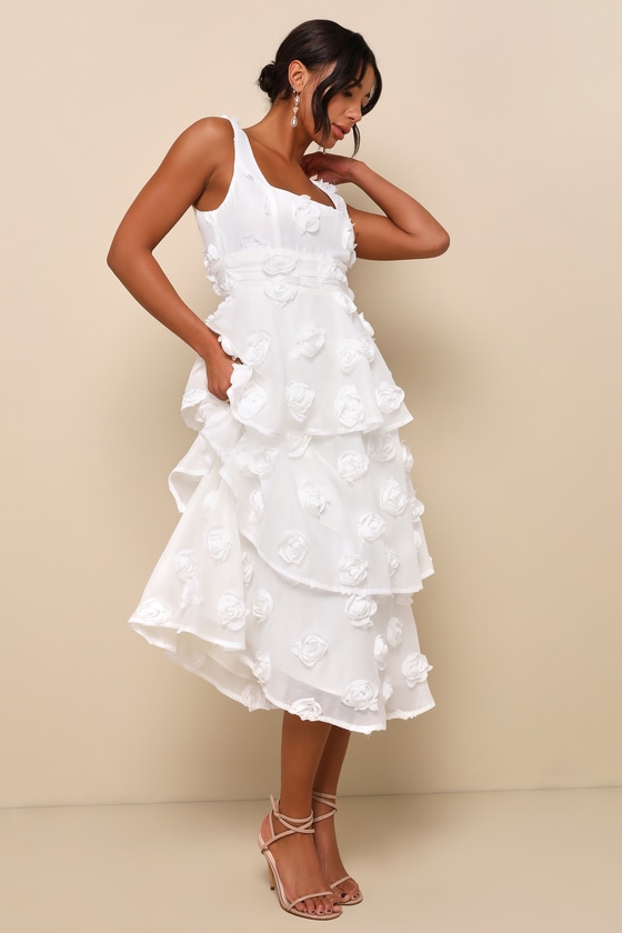 Exceptional Entrance White Sleeveless Tiered Rosette Midi Dress