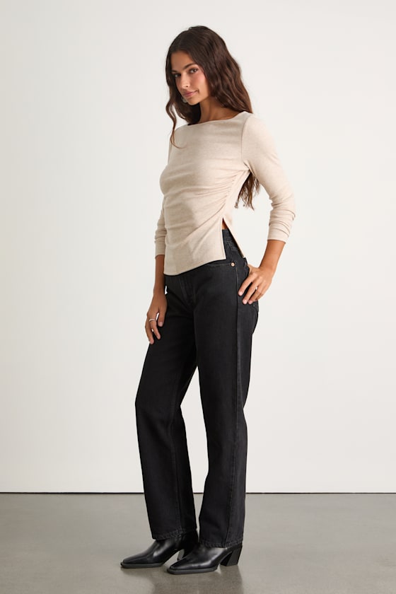 Mehra Heathered Beige Boat Neck Side Slit Long Sleeve Top