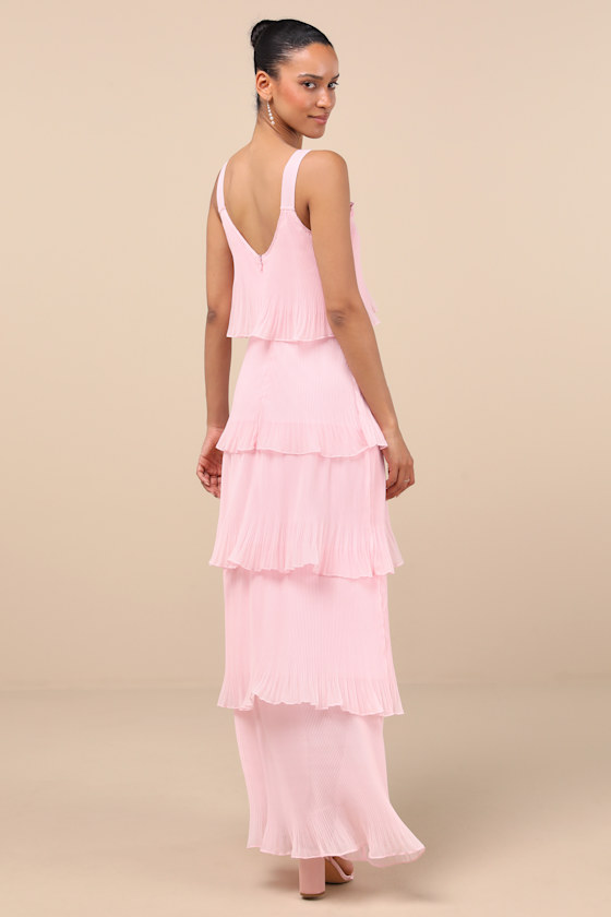 Elegant Nature Blush Pink Pleated Sleeveless Tiered Maxi Dress