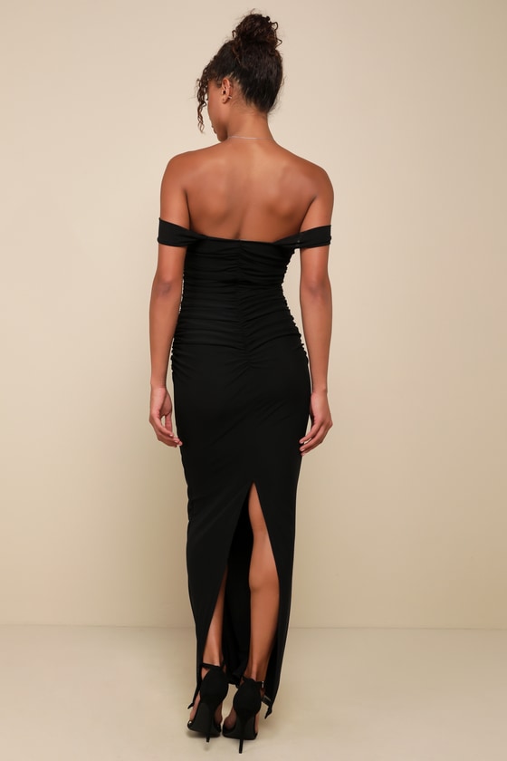 Amazing Presence Black Mesh Ruched Column Maxi Dress
