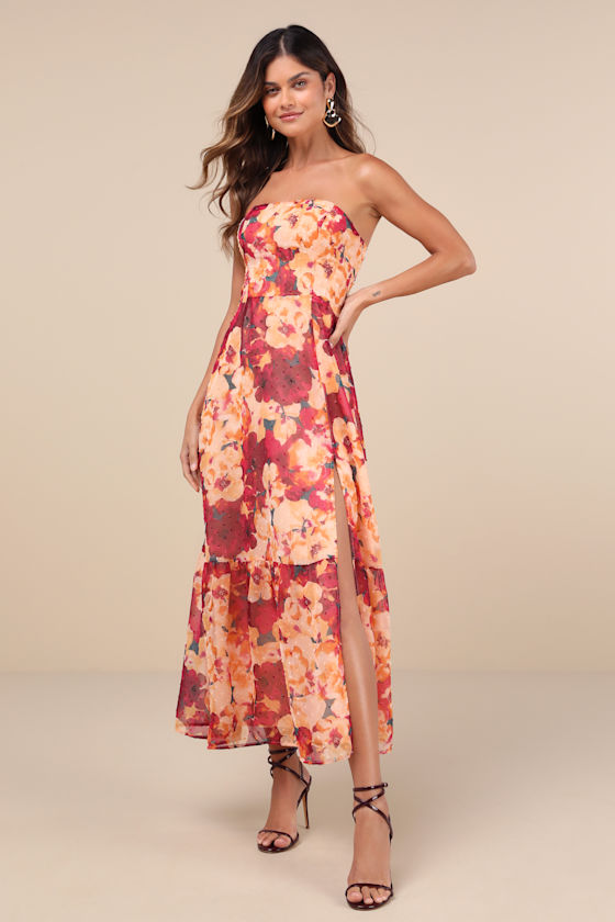 Bright Perspective Plum and Orange Floral Strapless Midi Dress