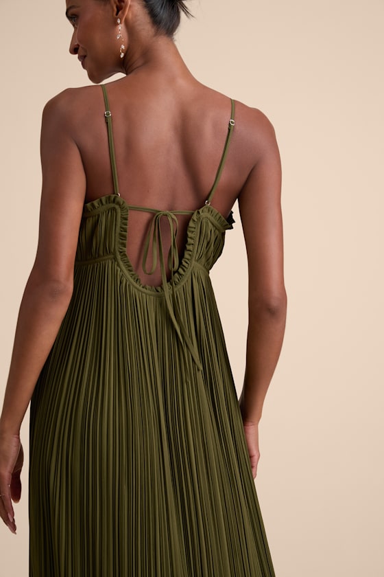 Delina Olive Plisse Chiffon Tie-Back Maxi Dress
