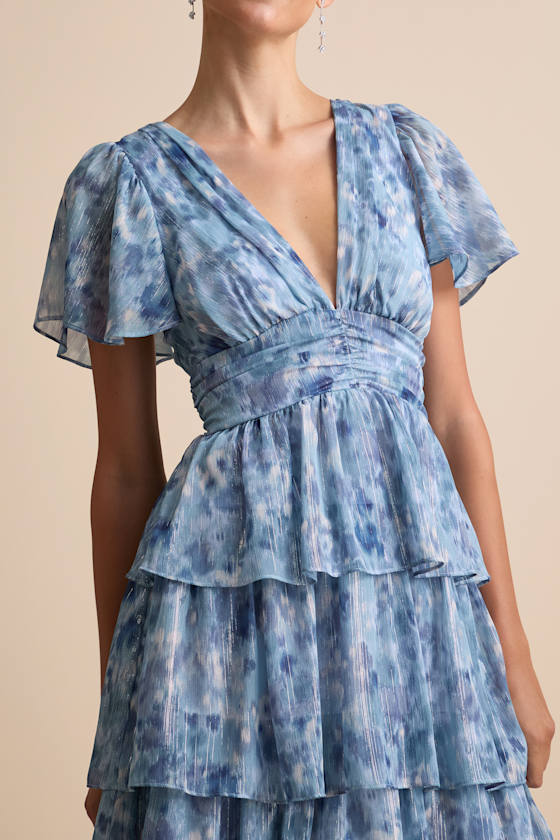 Nalia Blue Abstract Print Tiered Tie-Back Midi Dress
