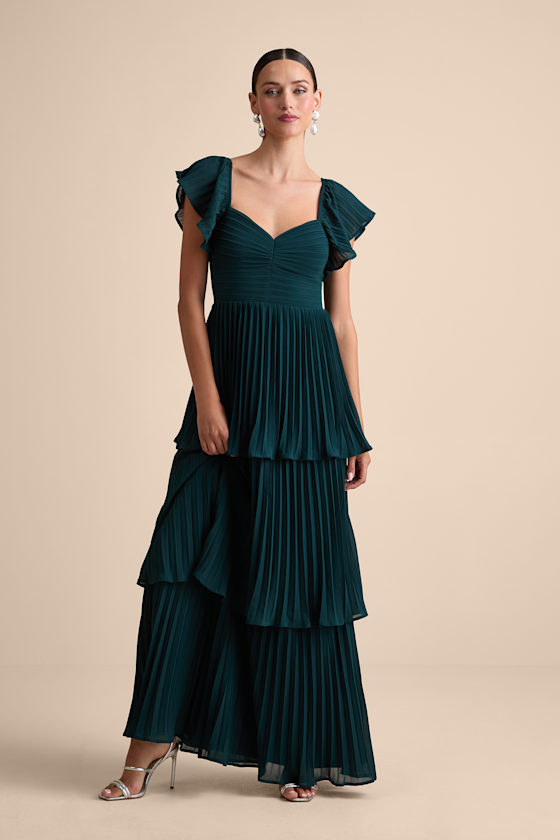Notorious Charm Emerald Pleated Flutter Sleeve Maxi Dress