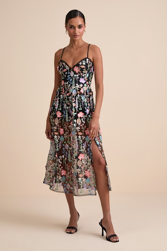 Mahryn Black 3D Floral Embroidered Midi Bodysuit Dress
