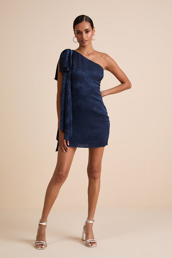 Jayda Navy Satin One-Shoulder Sash Mini Dress