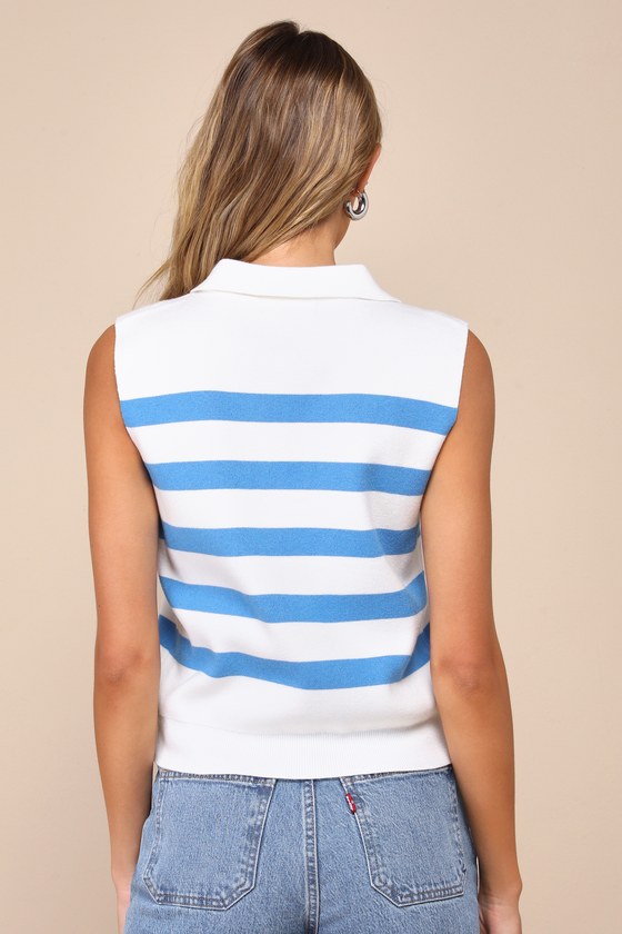 Unbelievably Chic White Striped Collared Sleeveless Sweater Top