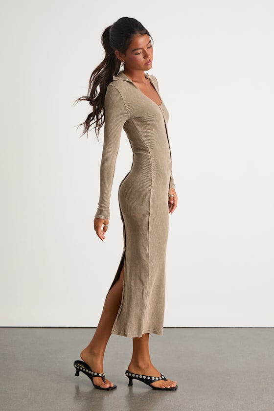 Effortlessly Pristine Washed Olive Ribbed Long Sleeve Midi Dress