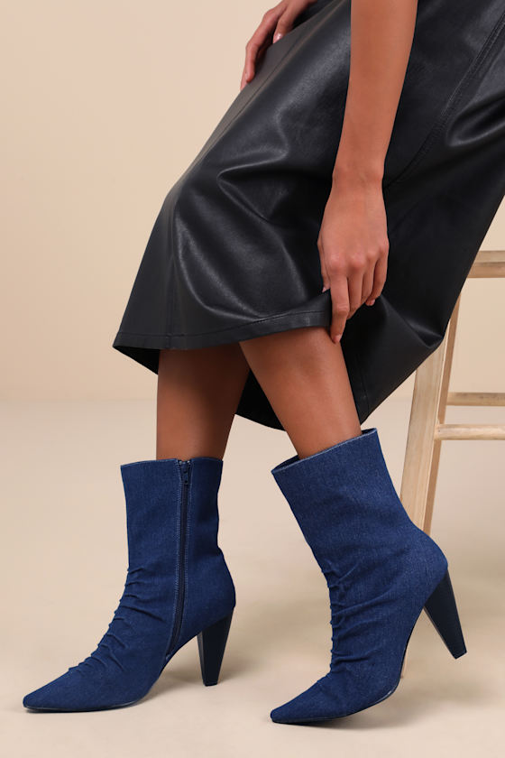 Klint Denim Ruched Pointed-Toe Ankle Boots