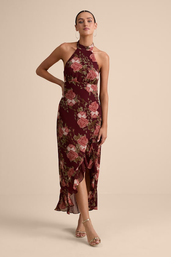 Elegant Entrance Wine Red Floral Print Halter Maxi Dress