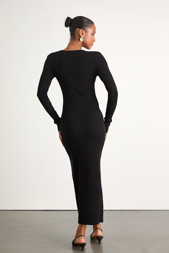Refined Attitude Black Ribbed Side Button Midi Sweater Dress
