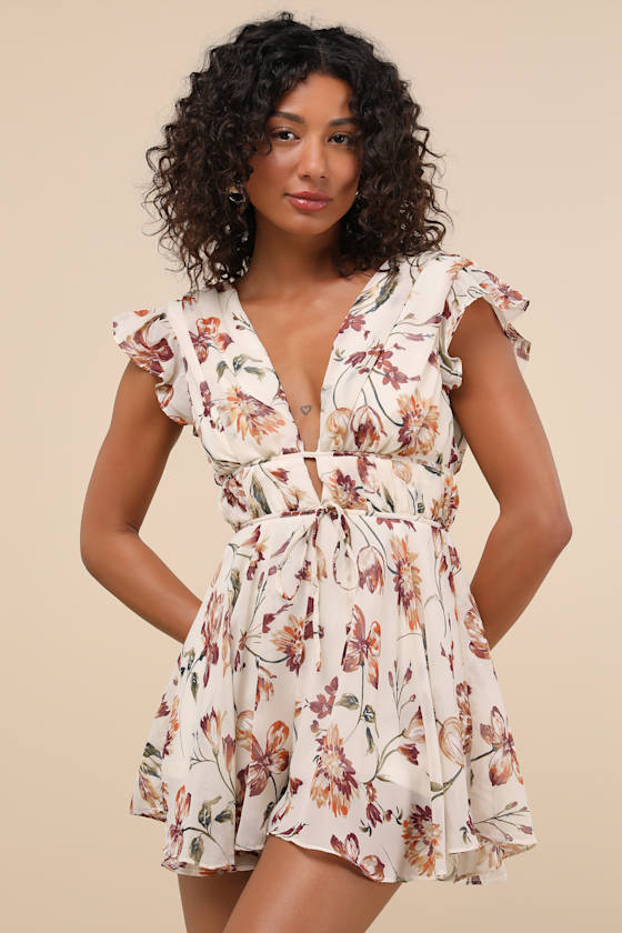 Flirty Ways Cream Floral Print Flutter Sleeve Romper