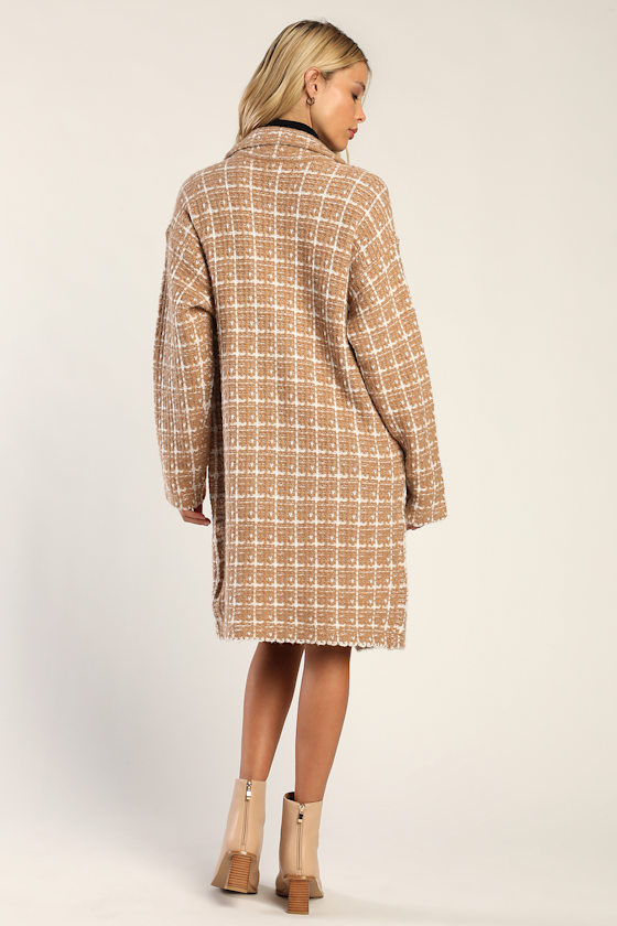 Cozy Conditions Tan and White Knit Plaid Coatigan