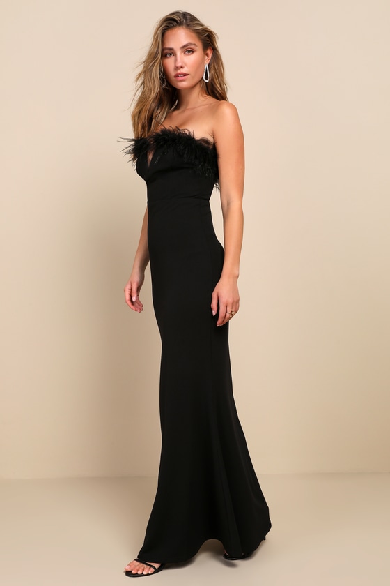 Extraordinary Glam Black Feather Strapless Mermaid Maxi Dress
