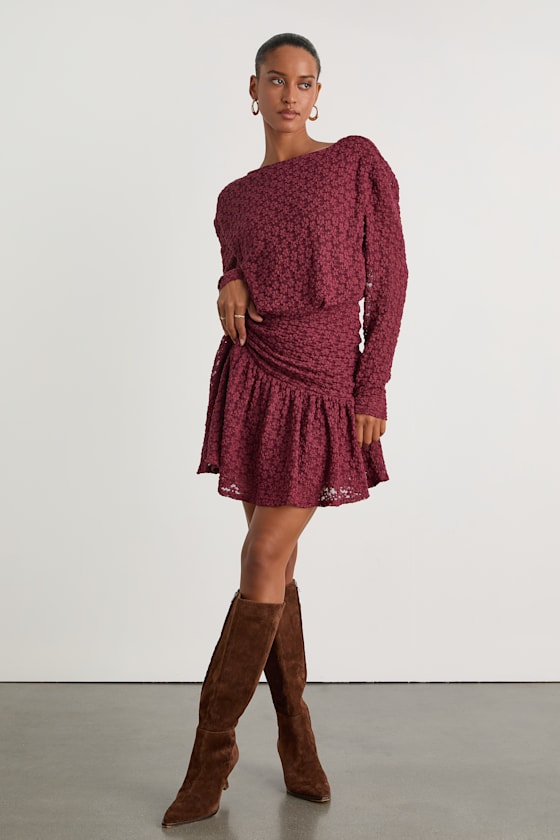 Zallie Wine Red Textured Knit Ruched Long Sleeve Mini Dress