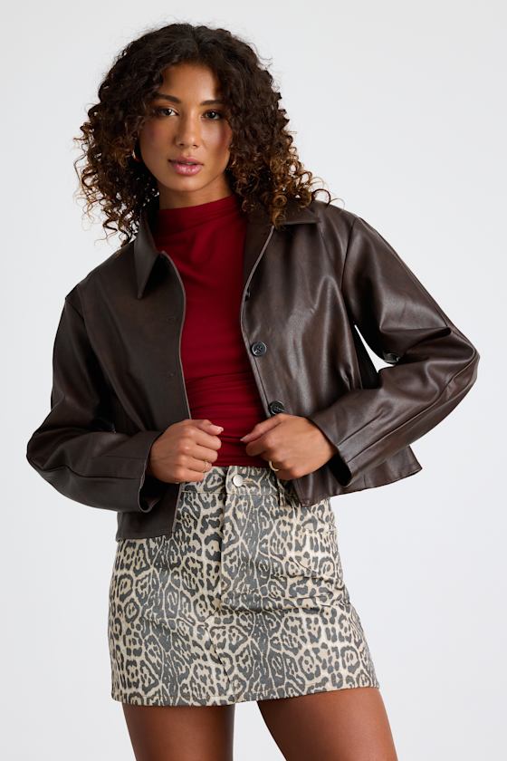 Mariely Brown Vegan Leather Button-Front Cropped Jacket