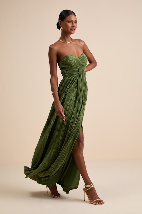 Oswin Olive Green Satin Plisse Strapless Maxi Dress