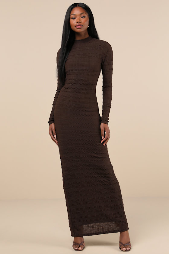 Trendsetting Design Brown Textured Long Sleeve Maxi Dress