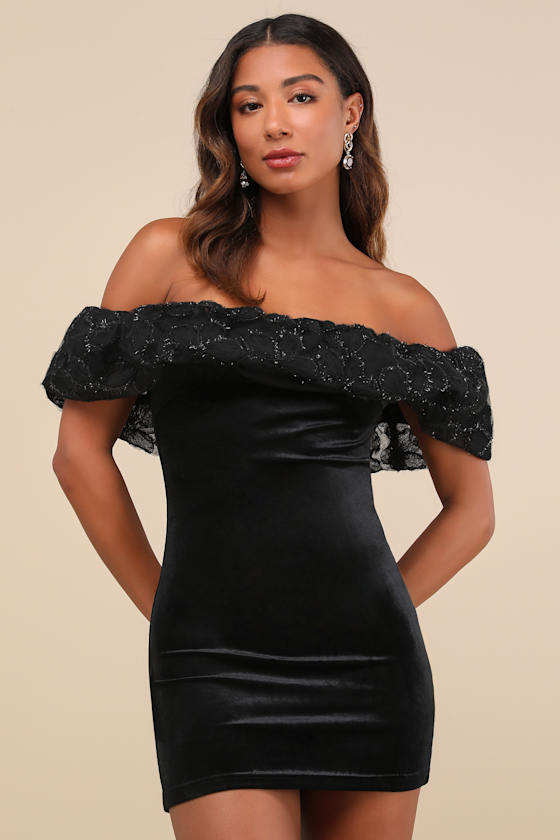 Lavishly Adored Black Tulle Velvet Off-the-Shoulder Mini Dress