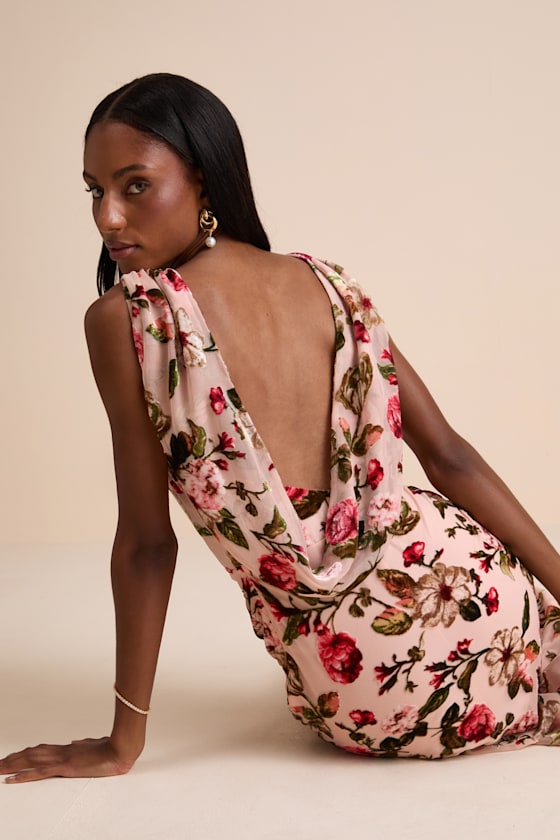 Florina Blush Floral Velvet Floral Burnout Cowl Back Midi Dress