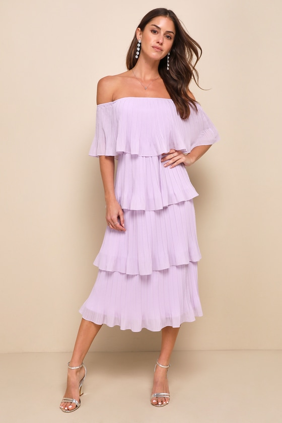 Gala Ready Lavender Off-the-Shoulder Ruffle Midi Dress